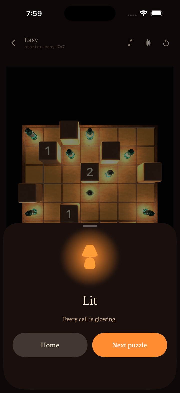A solved puzzle, fully lit