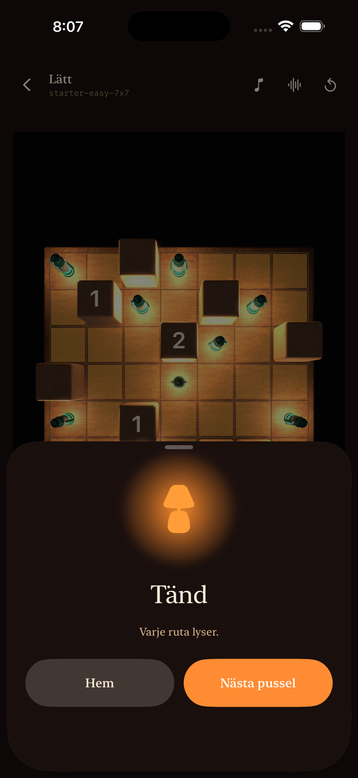 A solved puzzle, fully lit